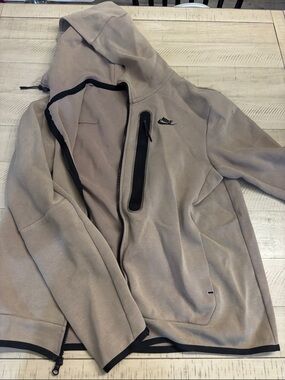 Nike Tech Fleece Taupe Beige Hooded Zip Jacket with Black Accents